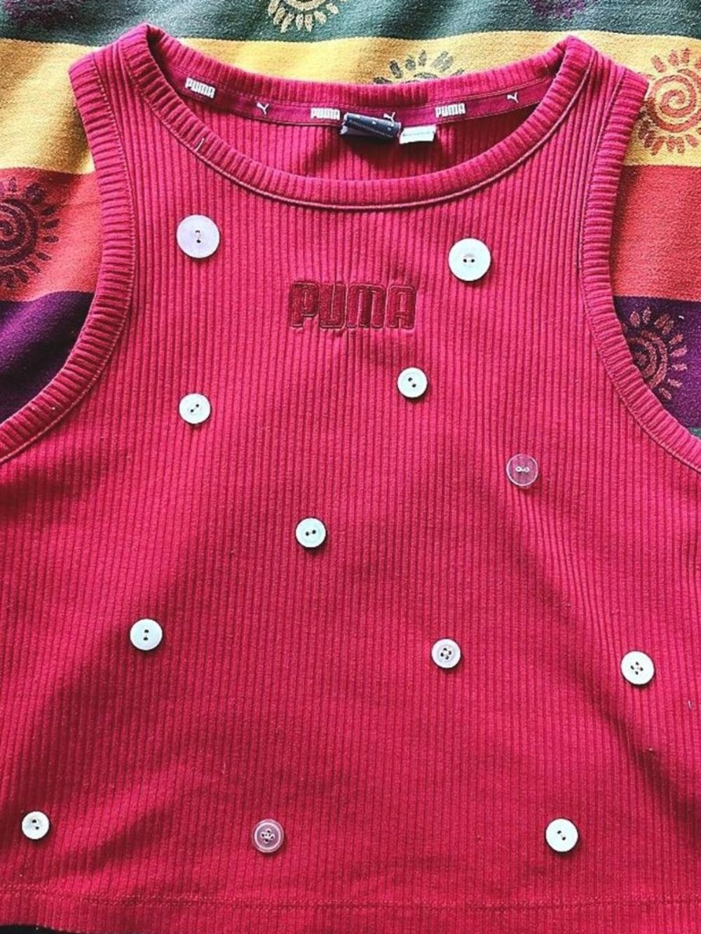 Upcycled Puma Tank Top with hand sewn buttons